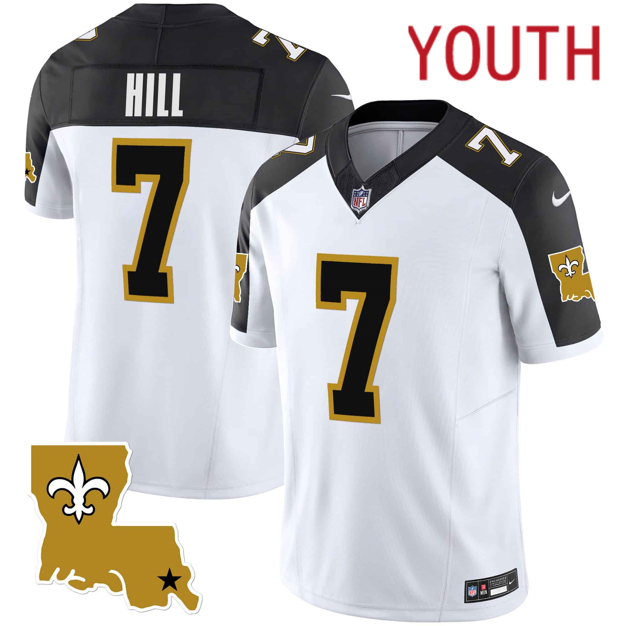 Youth New Orleans Saints 7 Hill White 2024 Nike 1987 Legacy Vapor Limited NFL Jersey style 1
